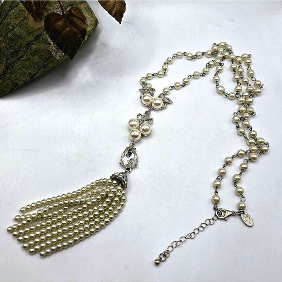 "5/$25" Charming Charlie Long Faux Pearl Rhinestone Tassel Adjustable Necklace - Picture 1 of 7